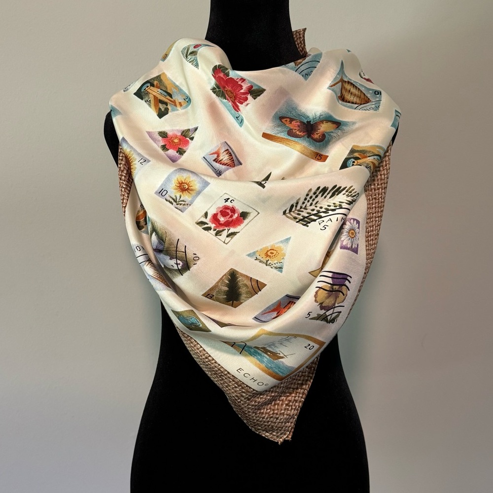 ECHO vintage silk scarf with flora and fauna postage stamp print